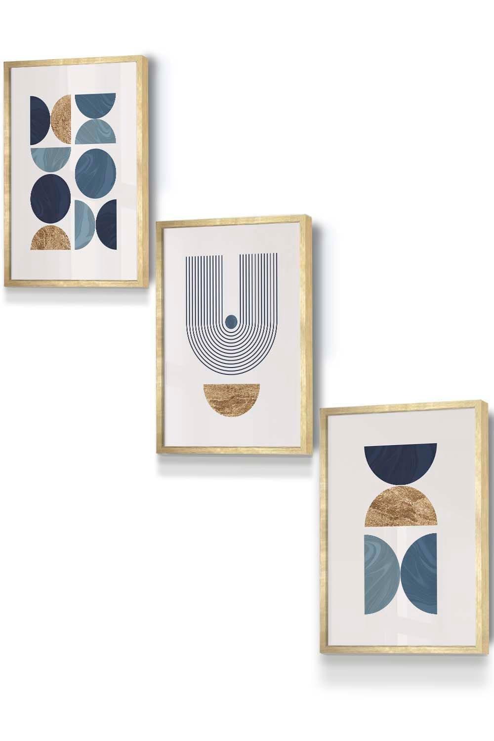 Mid Century Geometric in Blue and Gold Framed Wall Art - Small